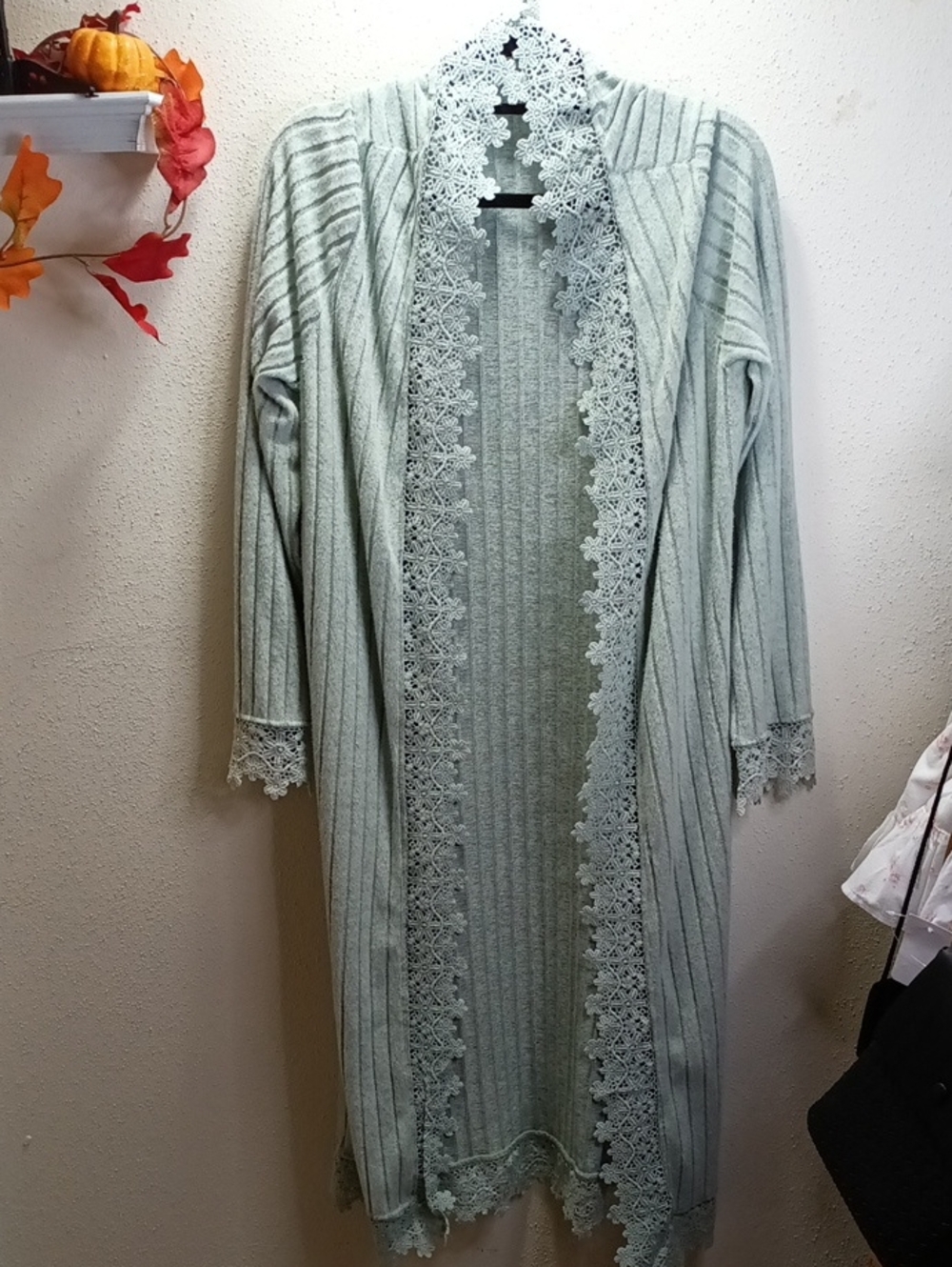 Cardigan long open front sweater with crotch trim, sage green. XXL Gently Loved